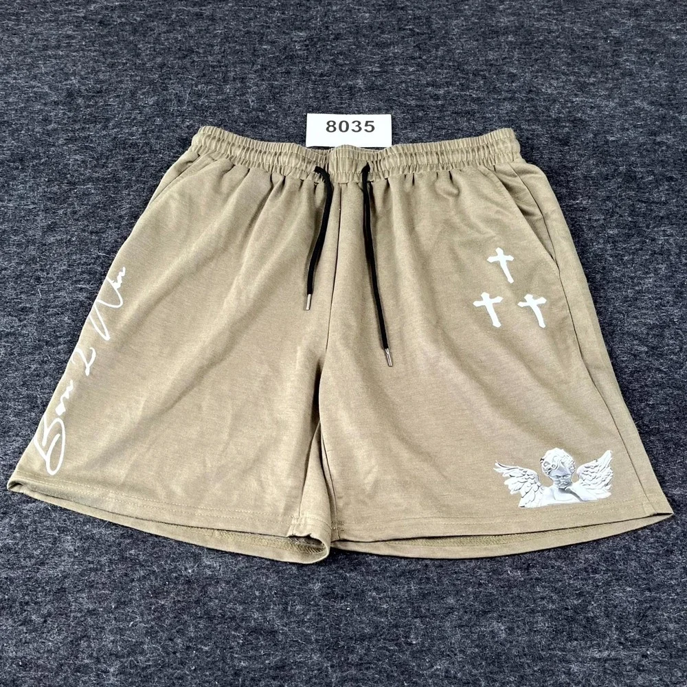 Mens‎ Shorts Large Green Angel Graphic Print Drawstring Flat Front Casual